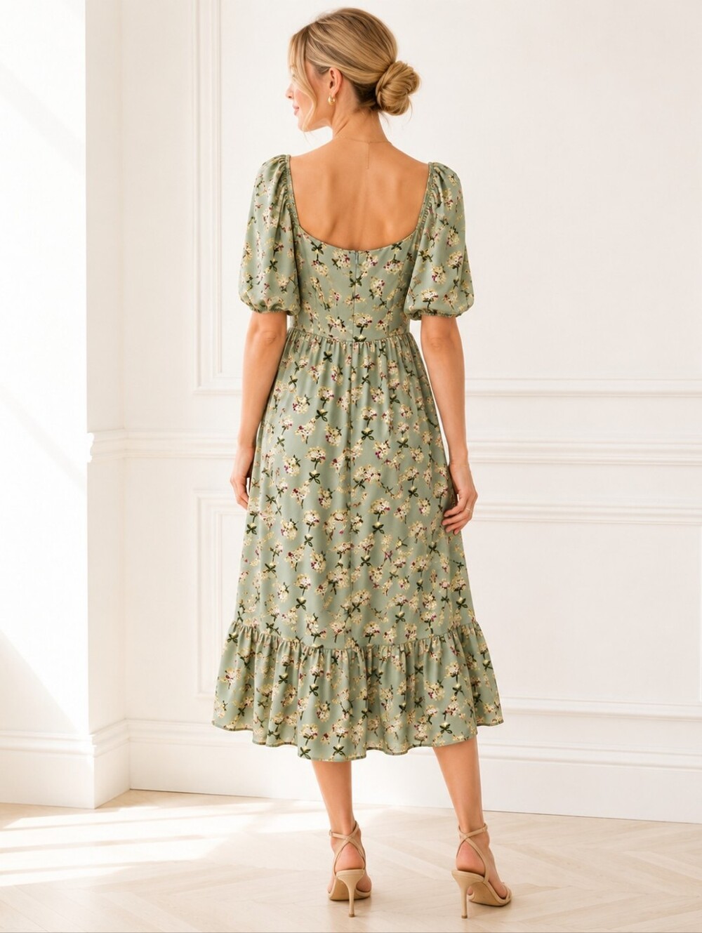 Floral Puff Sleeve Midi Dress Size Large | Cottagecore Romantic Sage Green | Aut - Picture 2 of 9